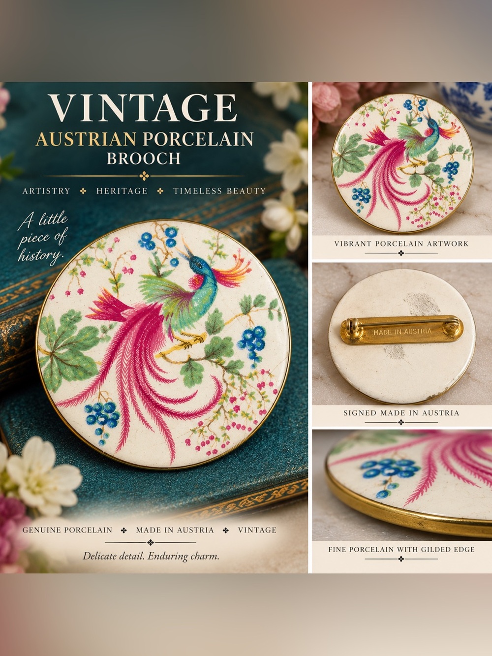 Austrian Porcelain Brooch with Pink & Blue Bird Motif